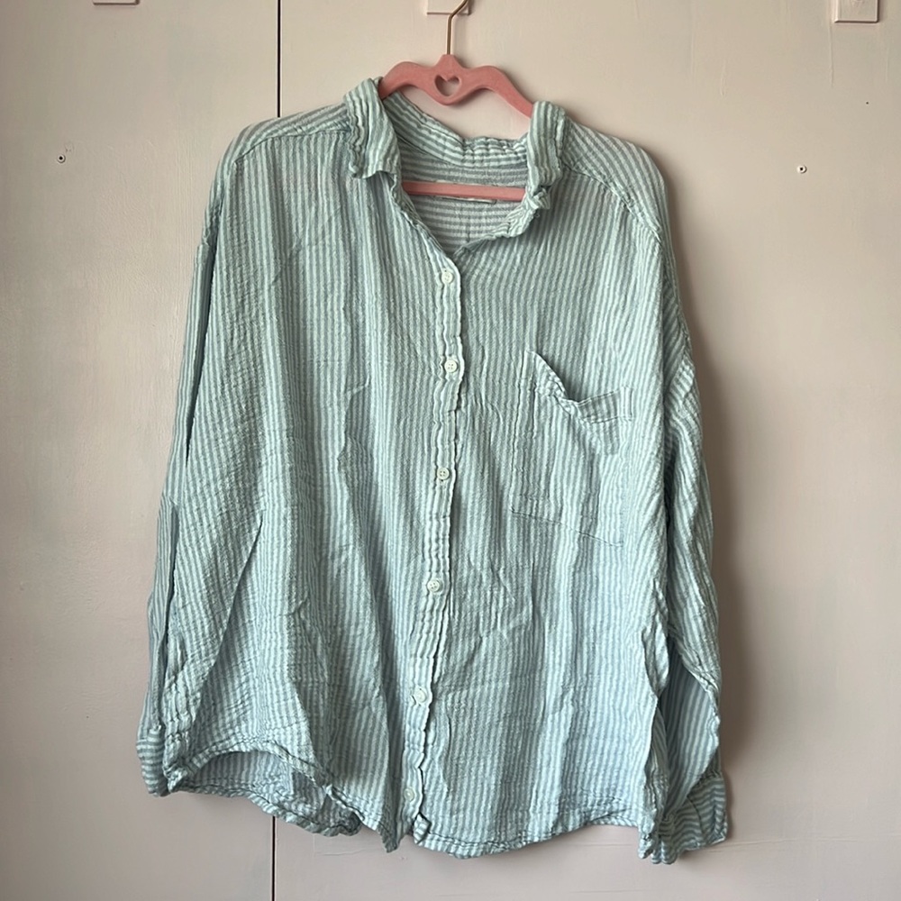 oversized linen white blue stripe button up button down shirt
